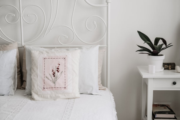 白色复古金属框架床头板床图片下载