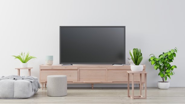现代客厅橱柜上的电视，以白色墙壁为背景。图片下载