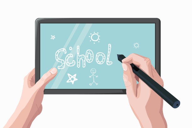 手中的平板。一个男人，一个学生，手里拿着一个小玩意儿，在上面写铅笔。远程学校的理念是在线教育、培训。矢量插图在现实主义风格。图片下载