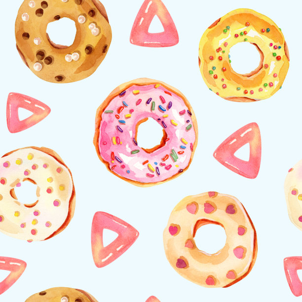 手绘鲜艳的水彩甜甜圈无缝图案图片下载