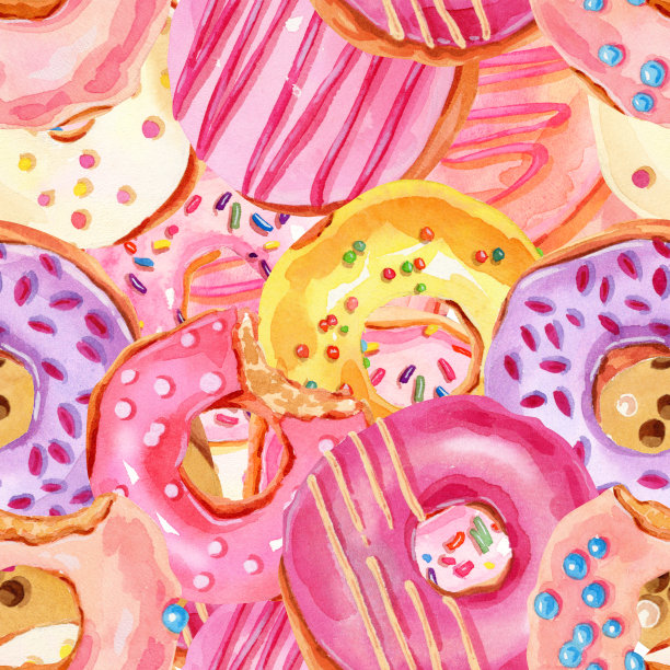 手绘鲜艳的水彩甜甜圈无缝图案图片下载
