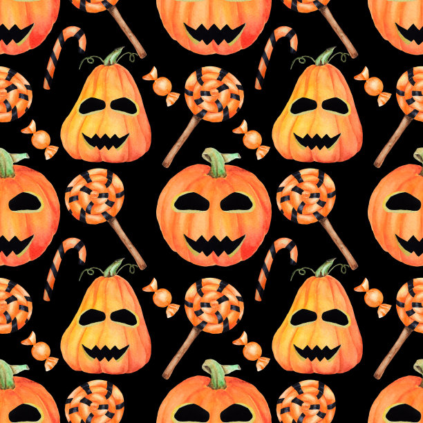 无缝万圣节手绘水彩图案。图片下载