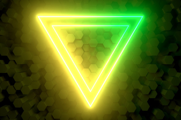 3d抽象背景与紫外线霓虹灯，空框架，发光隧道门上的六角形图案背景。图片下载