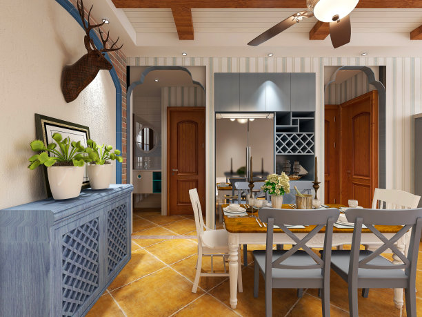 3D渲染，餐桌，抽屉柜在蓝色地中海风格餐厅图片下载