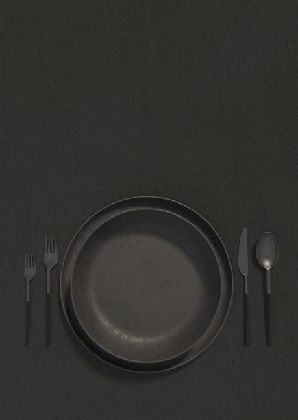 在黑色的桌子上放空黑色的盘子和餐具。单色垂直插图的桌子服务在一个顶视图。副本的空间。3 d渲染。图片下载