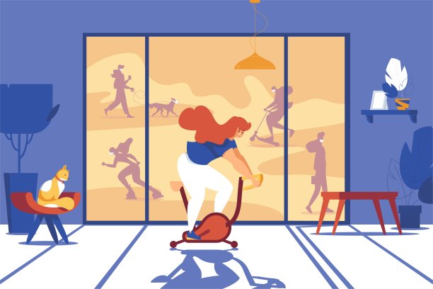 隔离期间在家进行体育活动。室内与妇女训练在锻炼自行车前的窗户图片下载