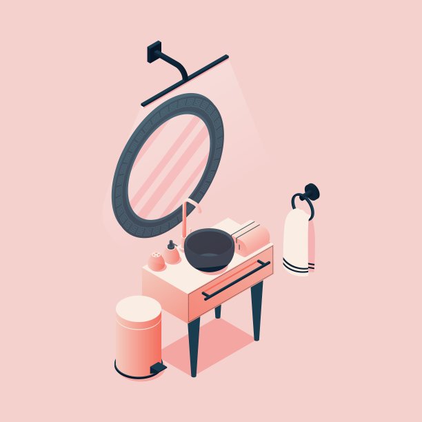 粉色等距水槽、镜子、洗涤台。没有人的浴室场景图片下载