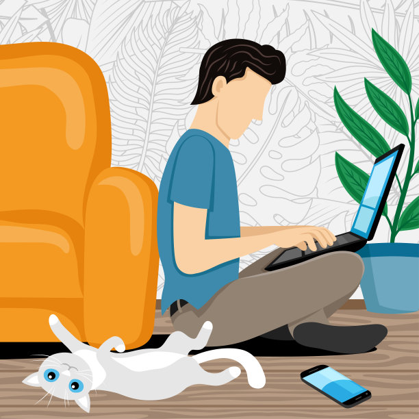 一个男人坐在地板上拿着笔记本电脑。图片下载