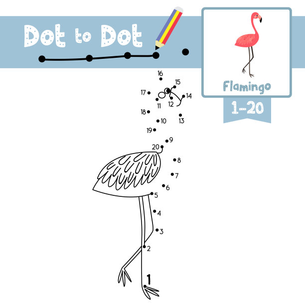 点到点教育游戏和着色书站立火烈鸟动物卡通人物矢量插图图片下载