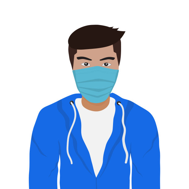 成人亚洲人卡通人物戴着病毒防护面具预防冠状病毒或Covid-19的爆发，白色背景-矢量插图图片下载