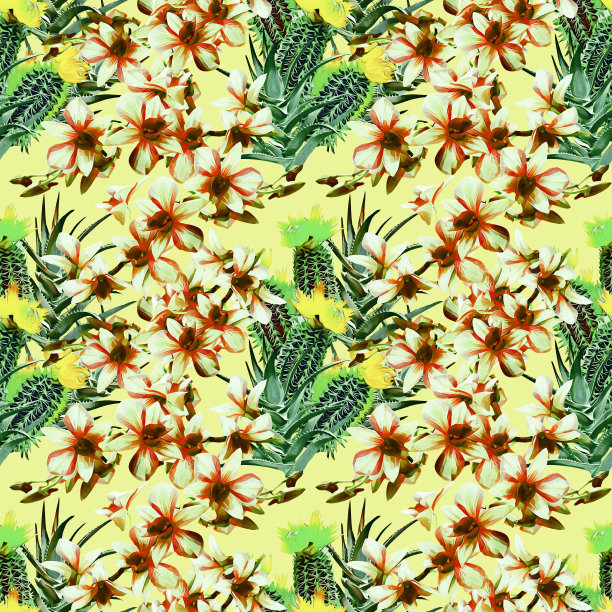 仙人掌与兰花，图案无缝。图片下载