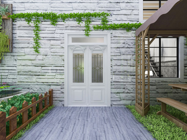 露天庭院的3D渲染、亭子、沙滩椅、绿色植物等图片下载