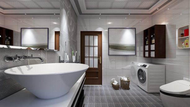 3D效果图，洁净现代住宅浴室及卫生间设计，配备盥洗台、卫生间、淋浴设备等。图片下载