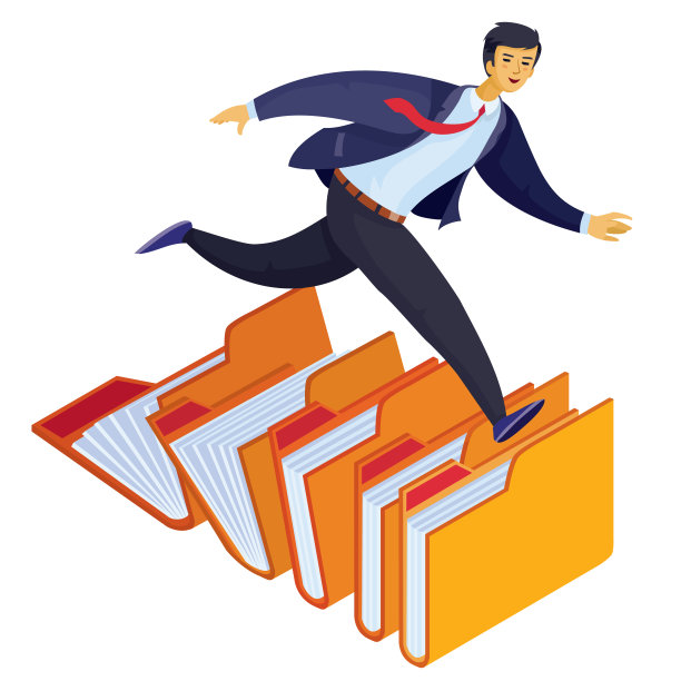 一个穿西装的人在打开的文件夹里匆匆地跑着，看着白色背景上孤立的物体，图片下载