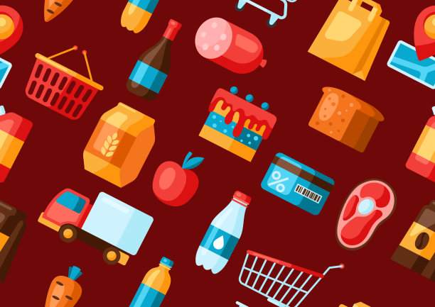 超市无缝模式与食品图标。图片下载