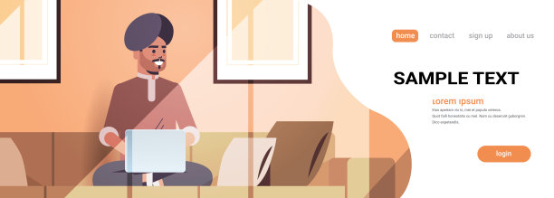 戴着头巾的印度人坐在沙发上使用笔记本电脑的人在家里工作自由职业者概念现代客厅内部水平全长拷贝空间图片下载