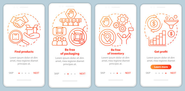 Dropshipping红色登陆手机应用页面屏幕矢量模板。找到产品，免费包装。用线性插图演练网站步骤。UX, UI, GUI智能手机界面概念图片下载