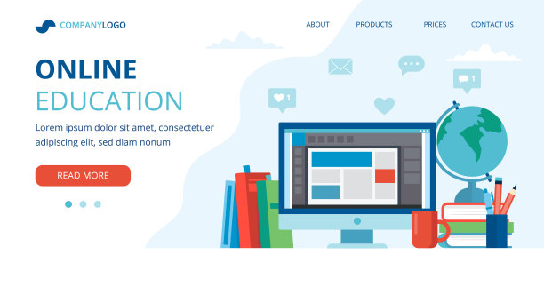 在线教育的概念有电脑、书籍和地球仪。着陆页面模板，矢量插图在平面风格。图片下载