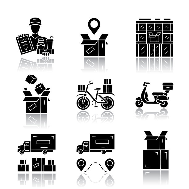 交付投影黑色字形图标集。包裹跟踪，邮局，纸箱，订单包装。重型货车。摩托车、自行车交付。孤立的矢量插图图片下载