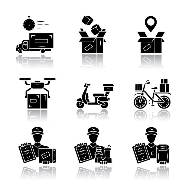 交付投影黑色字形图标集。包裹包装和订单跟踪。快递,信使服务。摩托车、自行车交付。物流和配送。隔离病媒图图片下载