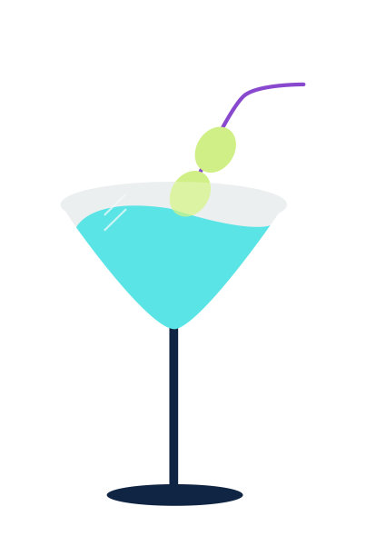 在马提尼杯中加入绿橄榄的亮蓝色鸡尾酒。矢量插图上的白色背景图片下载
