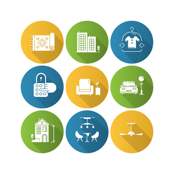 公寓设施平面设计长阴影字形图标集。办公楼，高天花板房屋，指定停车场。密码锁，吊扇，地毯。户外家具、洗衣房、居民休息室。向量轮廓图图片下载