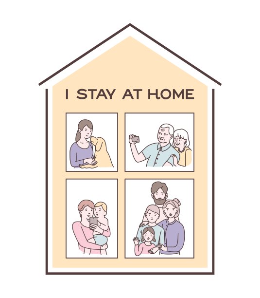 居家隔离意识社交媒体活动和冠状病毒预防家庭，老年夫妇通过视频交谈，妈妈带着孩子，女孩带着狗图片下载