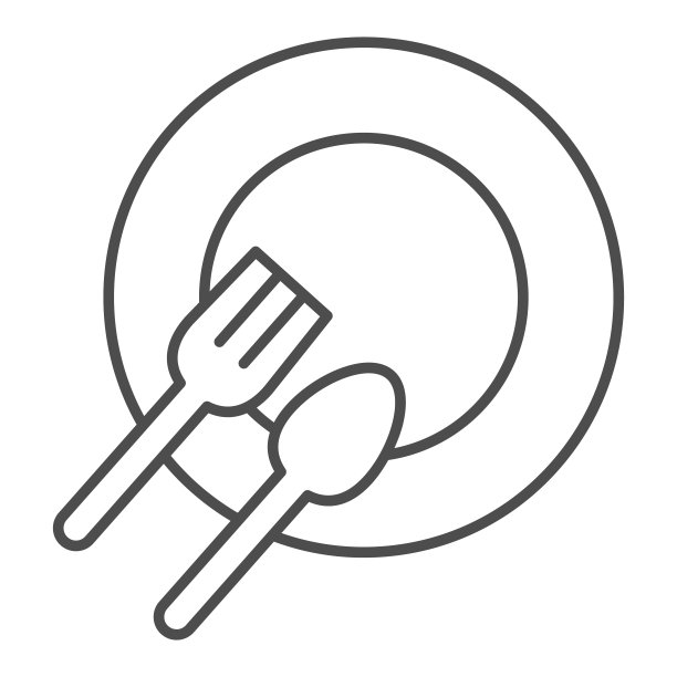 盘子和餐具的细线图标。晚餐地点与勺子和叉子轮廓风格的象形图上的白色背景。为移动概念和网页设计提供午餐的空餐厅盘子。矢量图形。图片下载