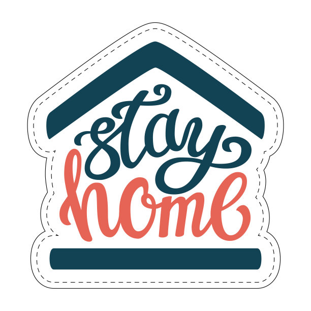 贴着“待在家里”的贴纸。要求隔离期间在家休息的题词。以有屋顶的房屋的形式建造的。颜色向量插图。手刻字。孤立在一个白色。图片下载