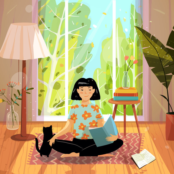 现代公寓设计女孩在家里看书和猫。舒适的平面手绘矢量插图。图片下载