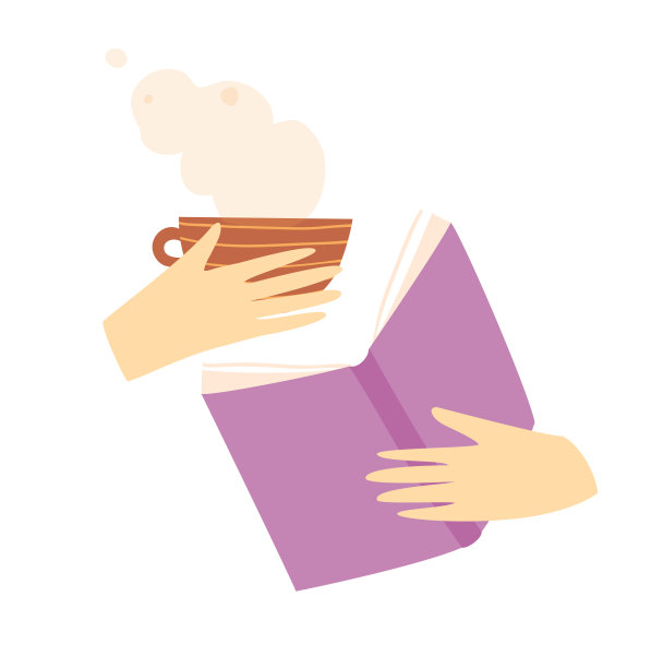 卡通手拿着书和一杯茶或咖啡。阅读和研究教育书店符号设计。图片下载