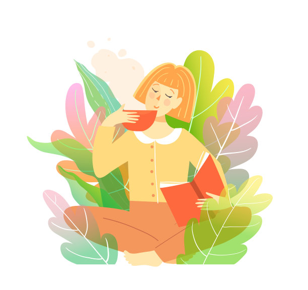 漂亮女人捧着书，用一杯茶读书读书，在平静的自然中。平面向量的剪纸艺术。图片下载