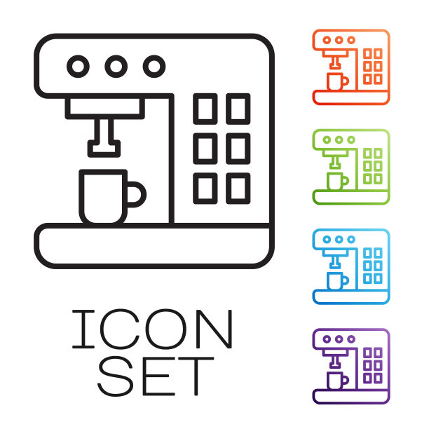 黑线咖啡机图标孤立在白色背景。设置图标丰富多彩。矢量图图片下载