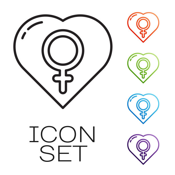 在白色背景上孤立的心形图标中女性性别。金星象征。女性象征象征女性有机体或女性的符号设置图标丰富多彩。矢量图图片下载