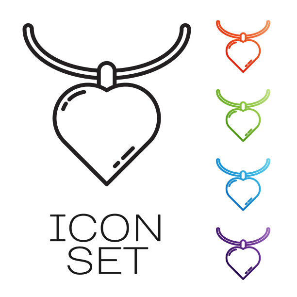 黑色线项链与心形吊坠图标孤立在白色背景。珠宝装饰。妇女节快乐。设置图标丰富多彩。矢量图图片下载
