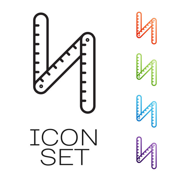 黑线折叠尺图标孤立在白色背景。设置图标丰富多彩。矢量图图片下载