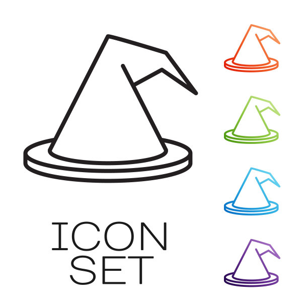 黑线女巫帽图标孤立在白色背景。快乐的万圣节派对。设置图标丰富多彩。矢量图图片下载