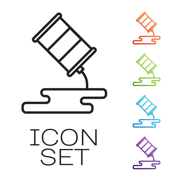 黑线桶漏油图标隔离在白色背景上。设置图标丰富多彩。矢量图图片下载