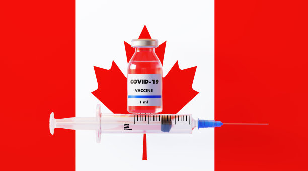 加拿大国旗上的COVID-19疫苗和注射器图片下载