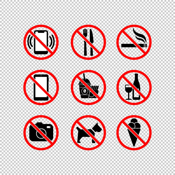 没有手机，没有相机，没有冰淇淋，停止吸烟，停止吃东西，没有狗，没有喝酒，没有黑色和红色的快餐图标。被禁止的符号简单在孤立的背景。每股收益10向量。图片下载