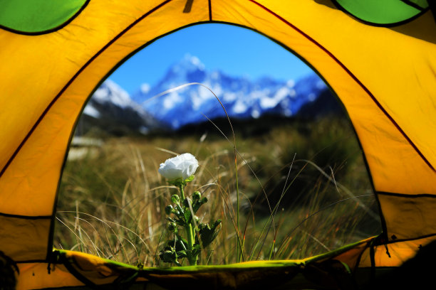 花前的帐篷和雪景山的背景图片下载