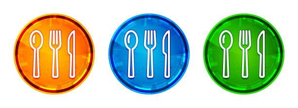 餐具图标闪亮抽象圆形按钮设置插图图片下载