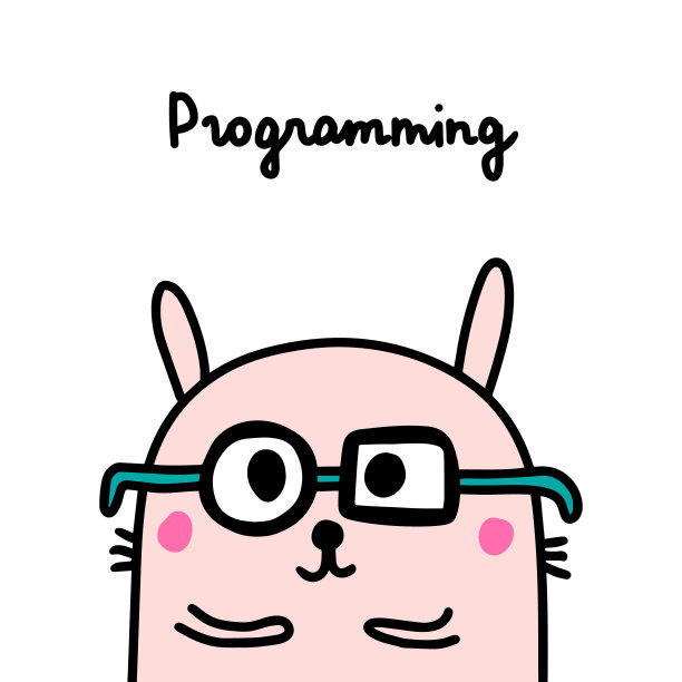 编程手绘矢量插图在卡通漫画风格兔子粉色卡哇伊脸编码专业图片下载