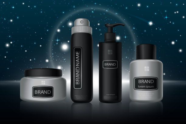时尚的黑色和银色化妆品瓶排现实模型矢量插图概念图片下载