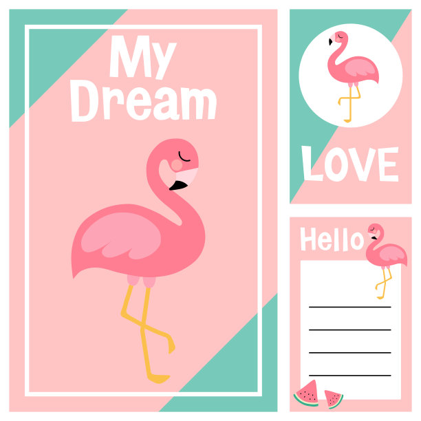 火烈鸟海报注意贴纸，注意纸和贴纸与向量有趣的动物插图向量图片下载