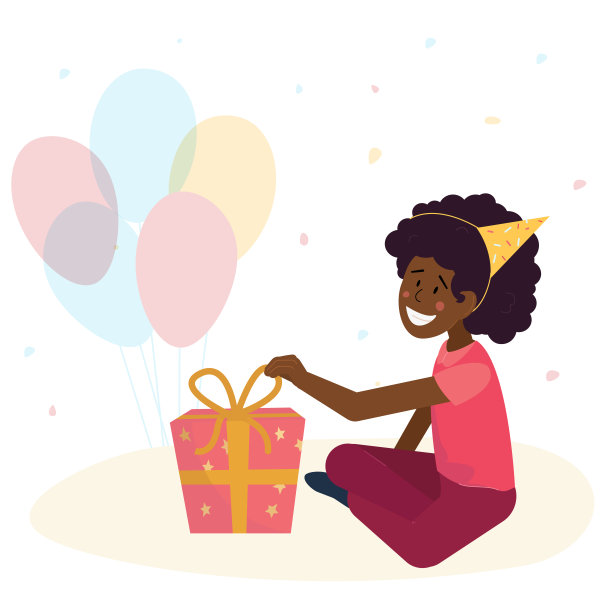 快乐的女孩在生日帽子打开一个礼物的背景与气球和五彩纸屑装饰。设计贺卡，生日邀请函，派对海报。图片下载