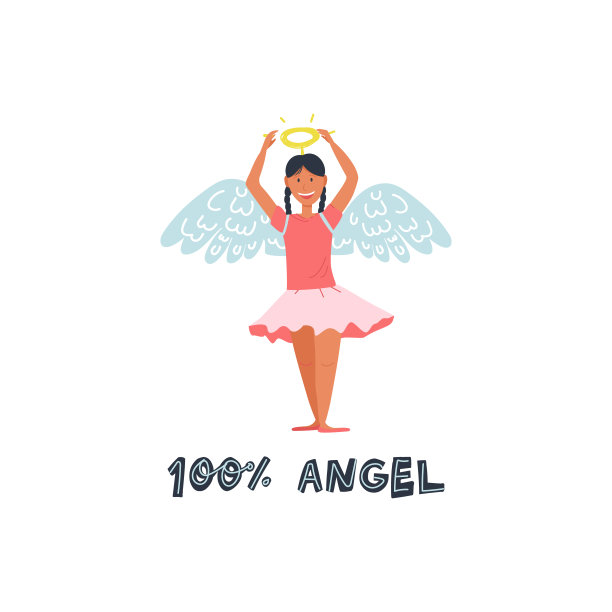 可爱和有趣的婴儿女孩在粉红色的裙子和天使套装-翅膀和晕轮和手绘字母100%的天使文本。平面矢量插图上孤立的背景图片下载