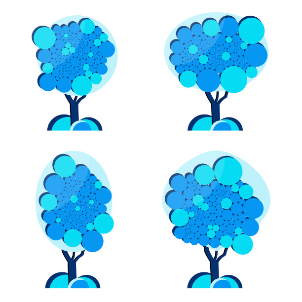 一组在白色背景上的抽象树。许多彩色的圆圈形成了繁茂的叶子的形状。向量图片下载