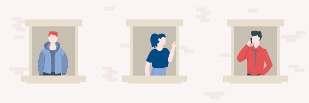 在新冠肺炎疫情期间呆在家里。邻居们在公寓窗户上画人物。图片下载