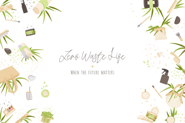 以极简主义风格设计的零废物载体概念插图，以可重复利用和循环利用零废物产品-美容、厨房、个人护理和卫生为生态友好型广告图片下载